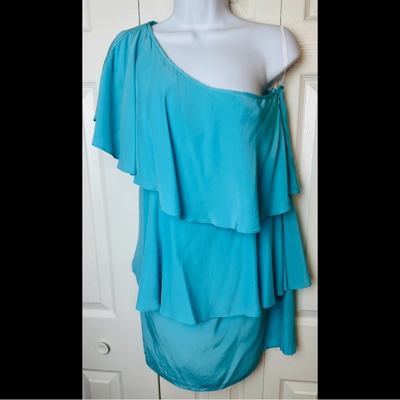 ANNIE GRIFFIN Charlotte One Shoulder Dress Turquoise Aqua Blue 100% Silk Ruffle - Picture 2 of 10